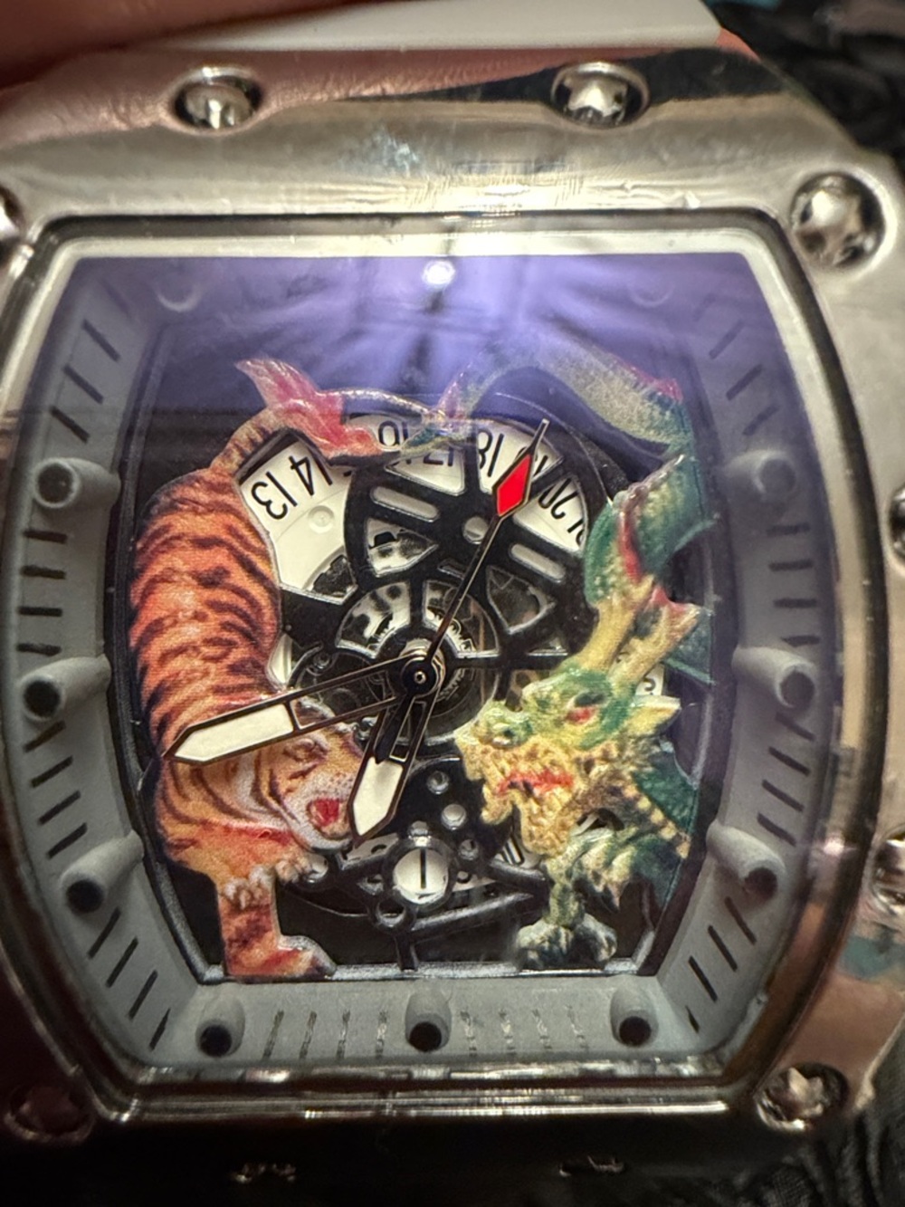 Mechanical Skeleton Watch with Tiger and Dragon Dial - Multicolor